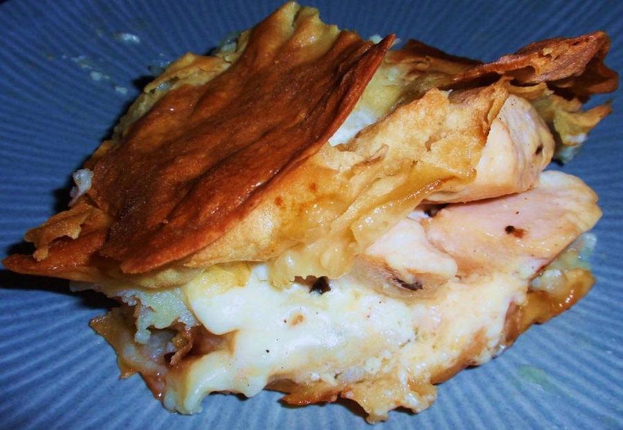 piece of 'siron' Greek pie with hum and cheese at 'Agios Antonios Women’s Agri Cooperative'